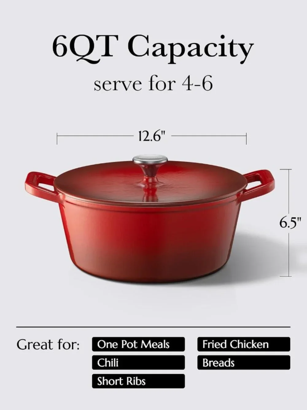 6QT Enameled Cast Iron Dutch Oven with Lid - Perfect for Baking, Braising